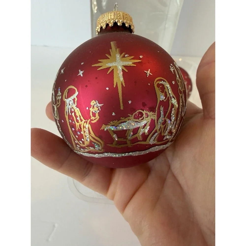 Vintage Nativity Wise Men Jesus Mary Bethlehem Red Glass Christmas Ornaments USA